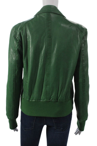 Oakwood Women Green Leather Bomber Jacket Zip Long Sleeve Size S