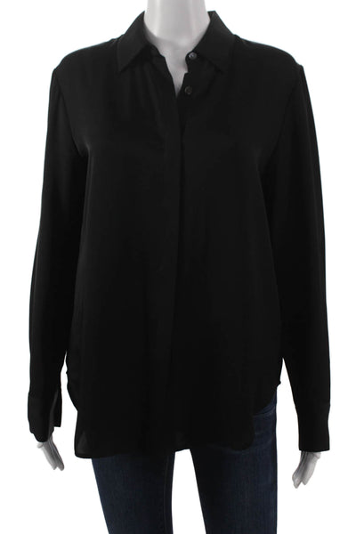 Theory Women Silk Blend Black Collared Long Sleeve Basic Blouse Size S