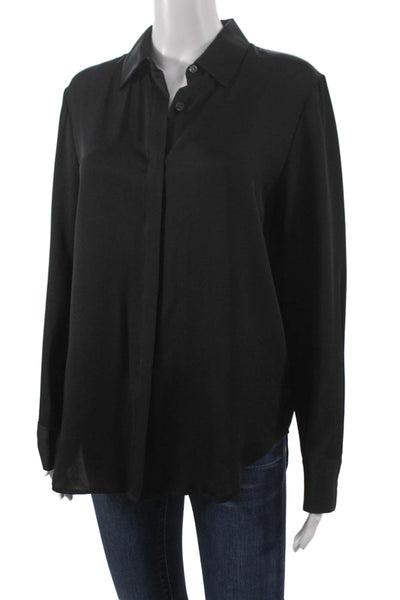Theory Women Silk Blend Black Collared Long Sleeve Basic Blouse Size S