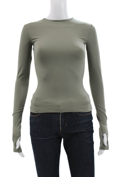 KHY Women Green Basic T-Shirt Long Sleeve Crew Neck Polyester Size XS