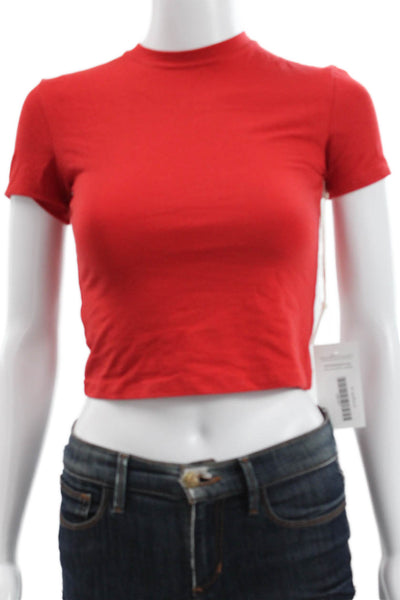 KHY Womens Cropped Red Cotton Mock Neck Short Sleeve T-Shirt Size XS