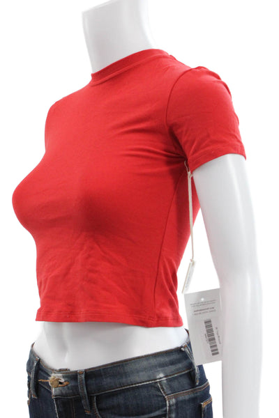KHY Womens Cropped Red Cotton Mock Neck Short Sleeve T-Shirt Size XS