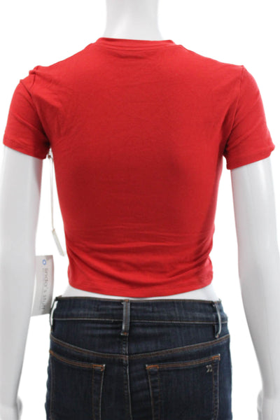 KHY Womens Cropped Red Cotton Mock Neck Short Sleeve T-Shirt Size XS