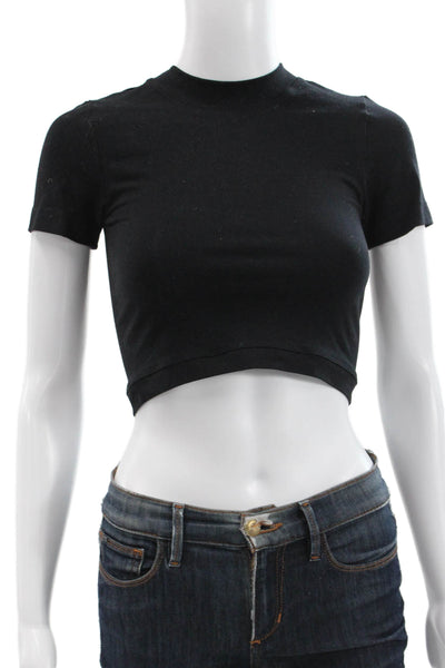 KHY Womens Cropped Short Sleeve Mock Neck Black T-Shirt Size XS