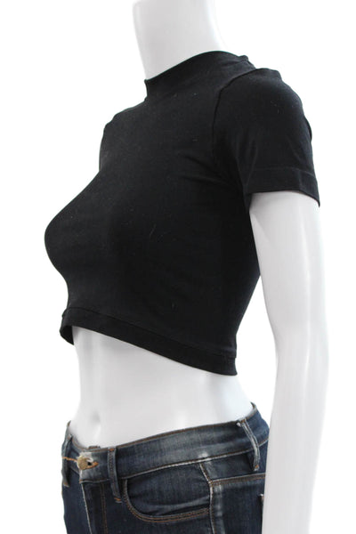 KHY Womens Cropped Short Sleeve Mock Neck Black T-Shirt Size XS
