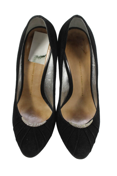 Giuseppe Zanotti Womens Suede Pleated Rhinestoned Heels Black Size 9.5