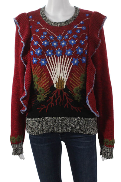 Valentino Women Pullover Red Floral Wool Crew Neck Long Sleeve Size M