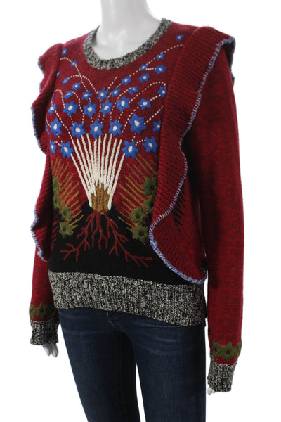 Valentino Women Pullover Red Floral Wool Crew Neck Long Sleeve Size M