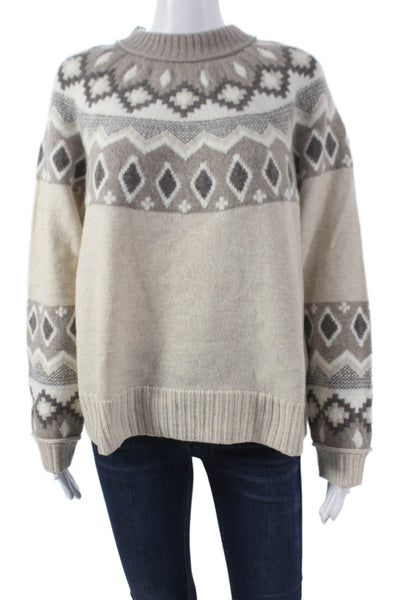 Alashan Women Beige Merino Wool Fair Isle Crewneck Long Sleeve Sweater Size XL
