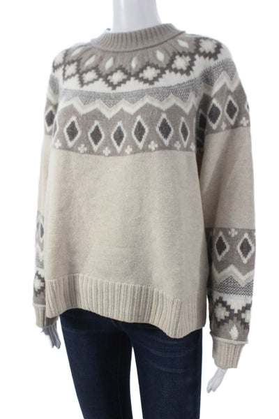 Alashan Women Beige Merino Wool Fair Isle Crewneck Long Sleeve Sweater Size XL
