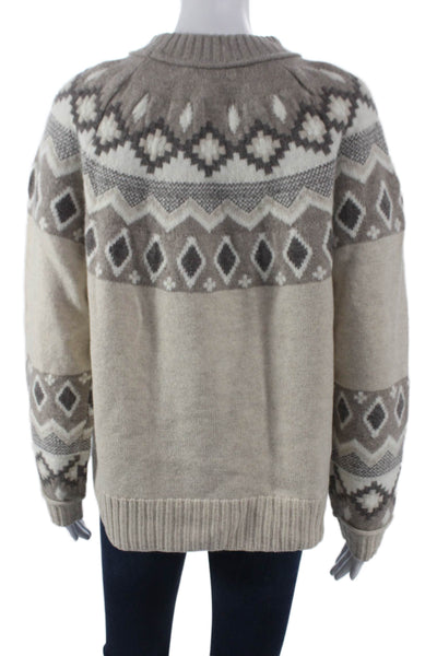 Alashan Women Beige Merino Wool Fair Isle Crewneck Long Sleeve Sweater Size XL