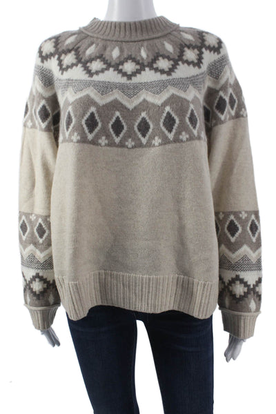 Alashan Women Pullover Sweater Merino Wool Fair Isle Mock Neck Beige Size L