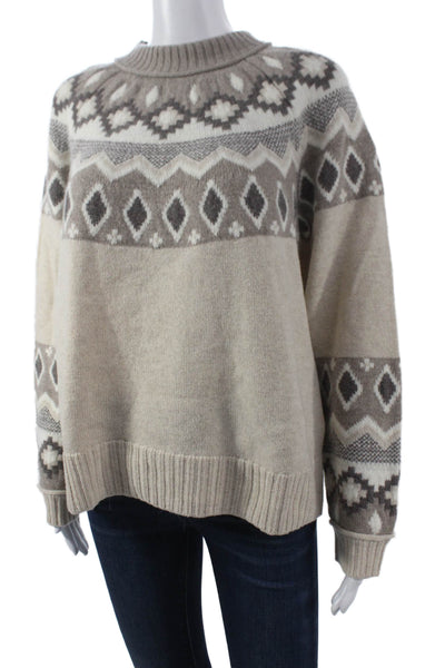 Alashan Women Pullover Sweater Merino Wool Fair Isle Mock Neck Beige Size L