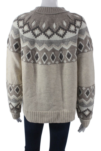 Alashan Women Pullover Sweater Merino Wool Fair Isle Mock Neck Beige Size L