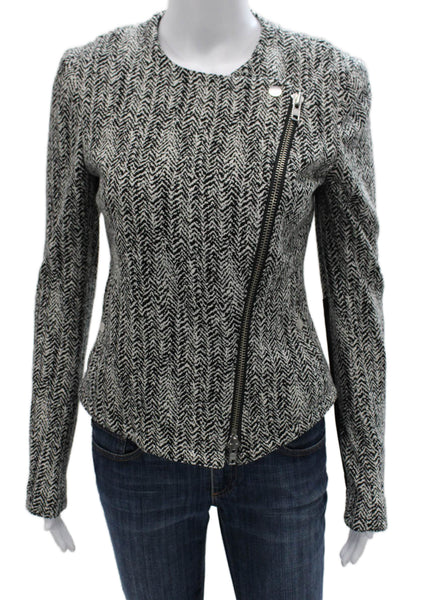 Theory Women Biker Jacket Black Herringbone Zip Size 4