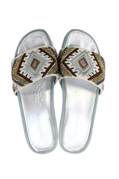 Donald J Pliner Womens Single Strap Embroidered Beaded Slide Sandals White 9