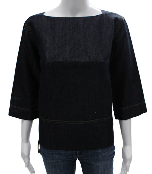 Marni Women Basic Cotton Boat Neck 3/4 Sleeve Zip Blouse Blue Size 38
