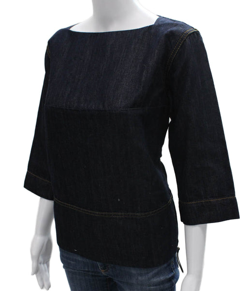 Marni Women Basic Cotton Boat Neck 3/4 Sleeve Zip Blouse Blue Size 38