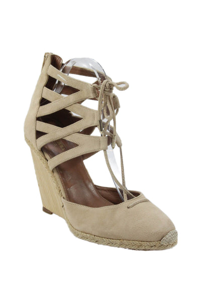 Aquazzura Womens Suede Lace-Up Wedge Sandals Beige Size 10