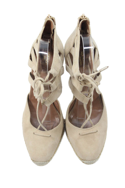 Aquazzura Womens Suede Lace-Up Wedge Sandals Beige Size 10