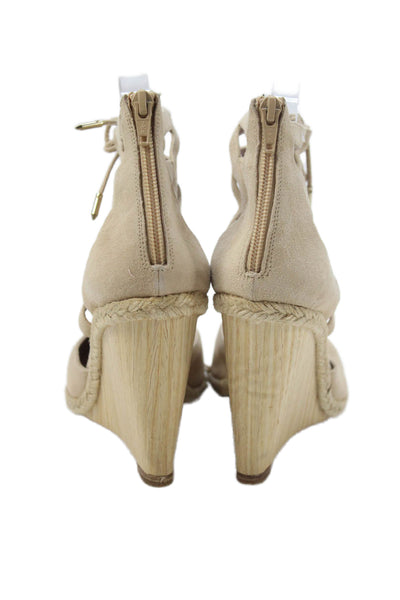 Aquazzura Womens Suede Lace-Up Wedge Sandals Beige Size 10