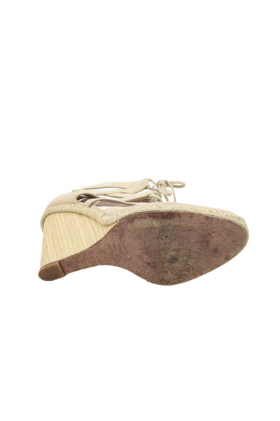 Aquazzura Womens Suede Lace-Up Wedge Sandals Beige Size 10
