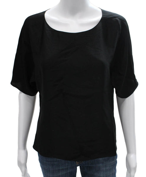 Theory Women Satin Scoop Neck Short Sleeve Blouse Black Basic Petite Size XS