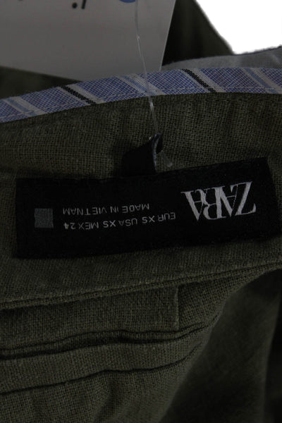 Zara Women Cropped Linen Pants Green Zip Size XS