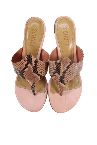 Schutz Womens Stiletto Heel Snakeskin Printed T Strap Sandals Pink Size 5B