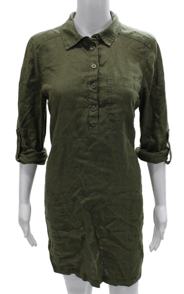 Michael Stars Women Shirt Dress Green Linen Collared Button 3/4 Sleeve Size S