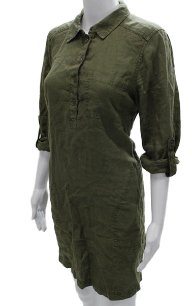 Michael Stars Women Shirt Dress Green Linen Collared Button 3/4 Sleeve Size S