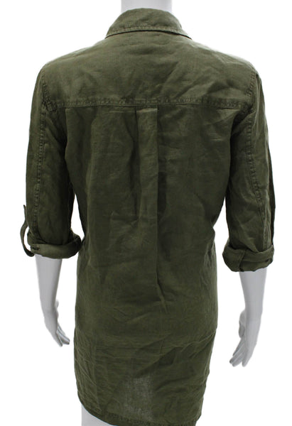 Michael Stars Women Shirt Dress Green Linen Collared Button 3/4 Sleeve Size S