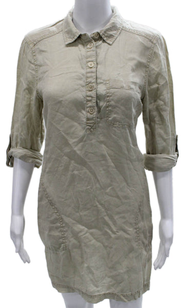 Michael Stars Women Shirt Dress Beige Linen 3/4 Sleeve Collared Button Size S