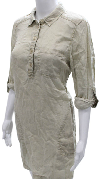 Michael Stars Women Shirt Dress Beige Linen 3/4 Sleeve Collared Button Size S