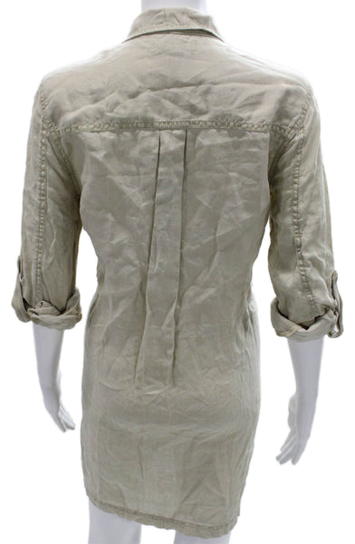 Michael Stars Women Shirt Dress Beige Linen 3/4 Sleeve Collared Button Size S