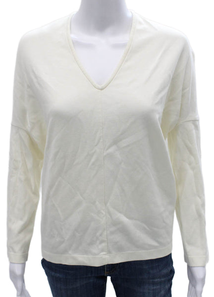 Maria + Cornejo Women Ivory Cotton V Neck Long Sleeve Basic T-Shirt Size L