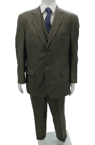 Tallia Uomo Mens 3 Piece Suit Green Geometric Super 100s Wool Size 44