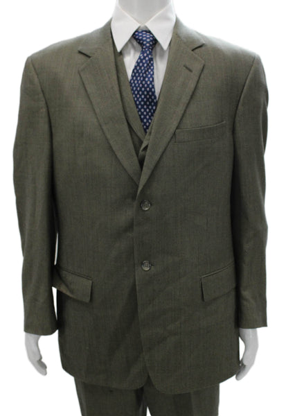 Tallia Uomo Mens 3 Piece Suit Green Geometric Super 100s Wool Size 44