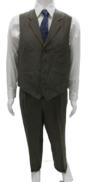 Tallia Uomo Mens 3 Piece Suit Green Geometric Super 100s Wool Size 44