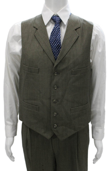 Tallia Uomo Mens 3 Piece Suit Green Geometric Super 100s Wool Size 44