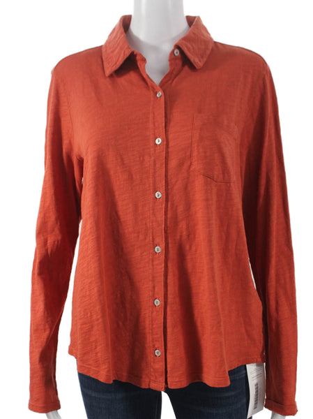 Elliott Lauren Womens Cotton Collared Long Sleeve Button-Up Top Orange Size L