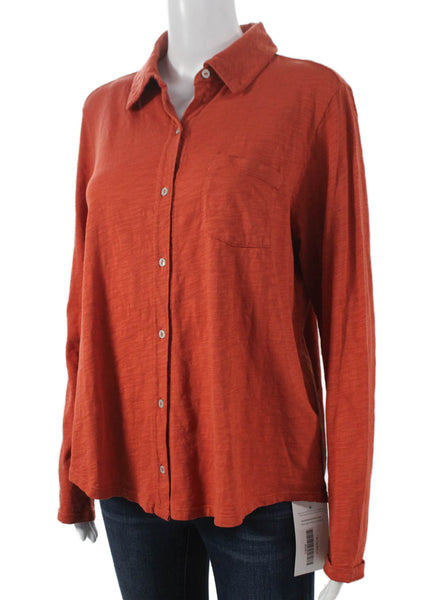 Elliott Lauren Womens Cotton Collared Long Sleeve Button-Up Top Orange Size L
