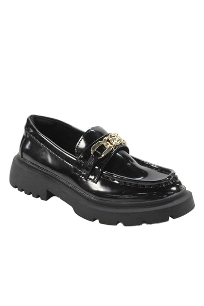 Zara Childrens Girls Patent Leather Chain Link Loafers Black Size 33 3