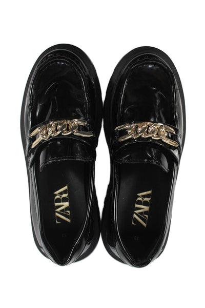 Zara Childrens Girls Patent Leather Chain Link Loafers Black Size 33 3