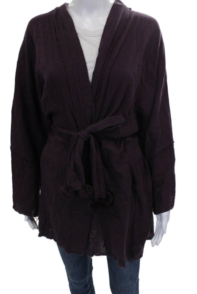 Johnny Was Women Kimono Purple Cotton Long Sleeve V Neck Tie Size M