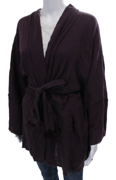 Johnny Was Women Kimono Purple Cotton Long Sleeve V Neck Tie Size M