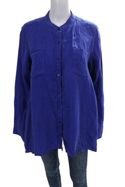 Eileen Fisher Women Collared Linen Tunic Button Up Long Sleeve Blue Size M