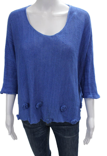 Grizas Women Tunic Scoop Neck Linen 3/4 Sleeve Blue Size S