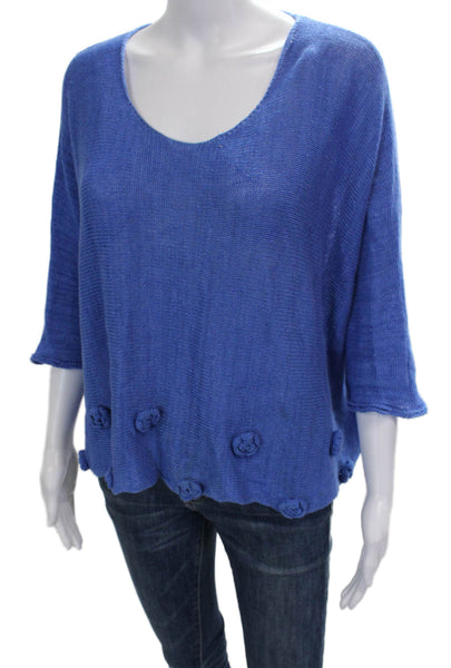 Grizas Women Tunic Scoop Neck Linen 3/4 Sleeve Blue Size S