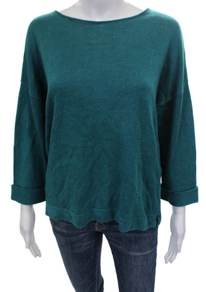 Eileen Fisher Womens Pullover Sweater Boat Neck Linen Green 3/4 Sleeve Size M